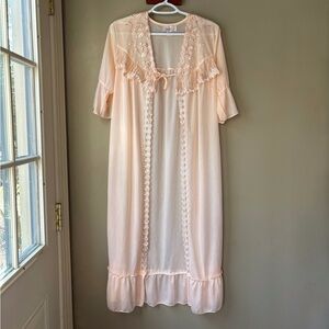 Vintage Sindrella Peach Lace Trim Tie Front Nightgown Coverup Robe M